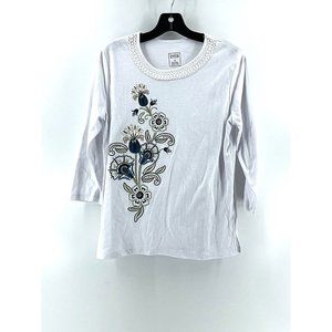 Hasting & Smith Women's 3/4 Sleeve White Embroidered Floral Shirt Top Size M
